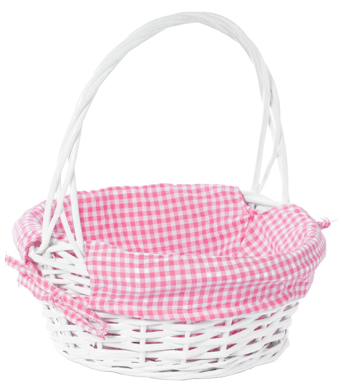 White Round Willow Gift Basket, with Gingham Liner and Handles